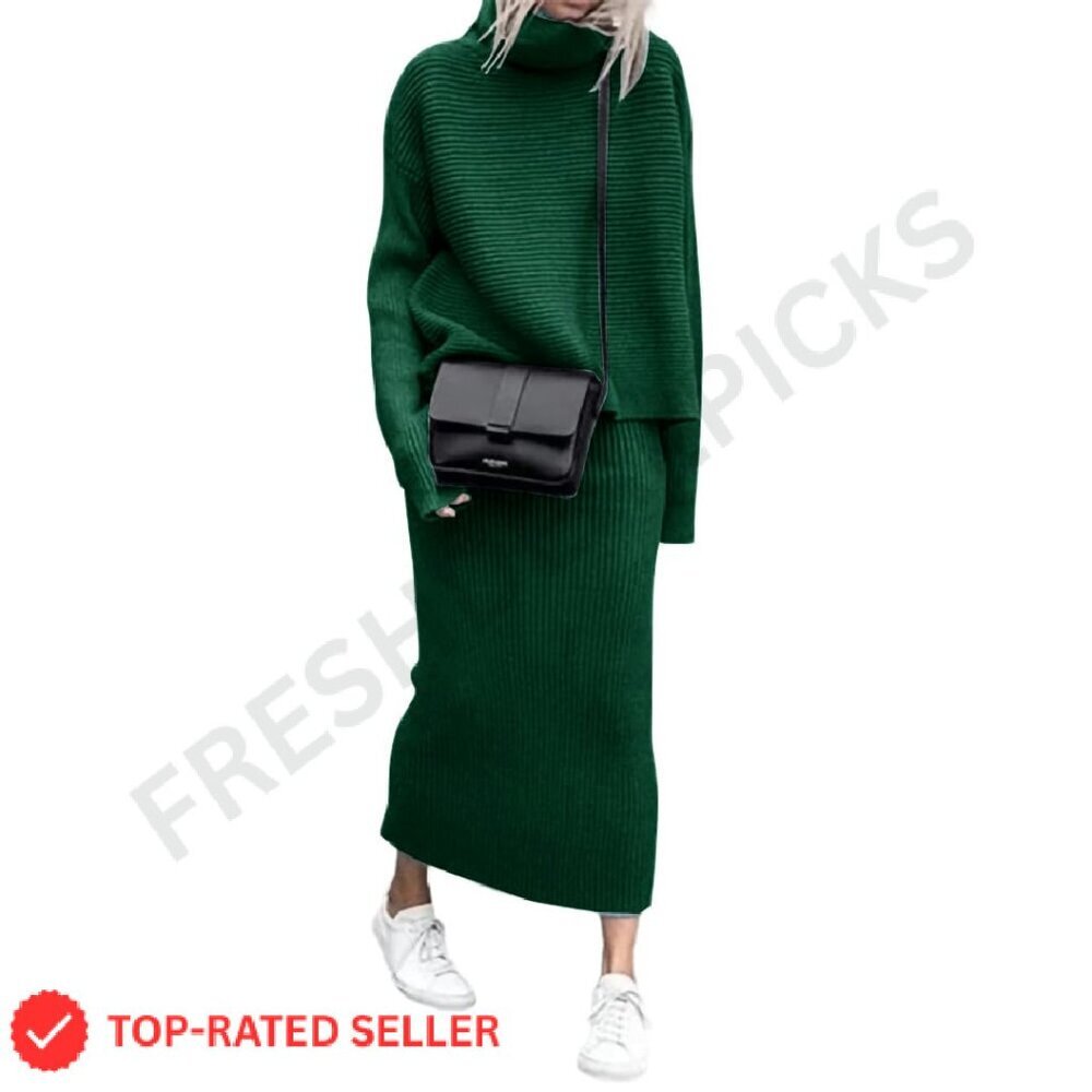 Ribbed Knit Turtleneck Sweater Midi Skirt Set Elegant Vintage Chic